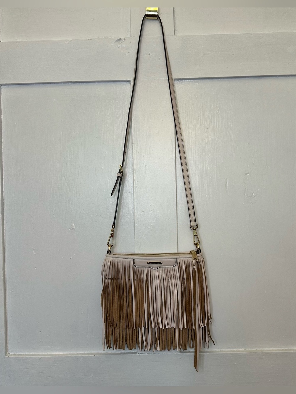 Rebecca Minkoff Leather White & Tan Fringe Crossbody & Clutch Adjustable Strap